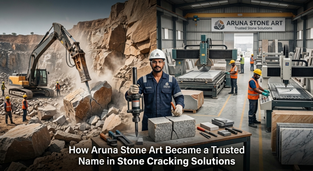 Aruna Stone Art quarry workers cracking granite stone with Cannon Chemical powder and stone cutting machinery in factory