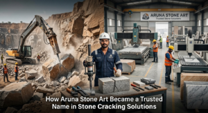 How Aruna Stone Art Became a Trusted Name in Stone Cracking Solutions - Cannon Chemicals - Cannon Chemicals Aruna Stone Art quarry workers cracking granite stone with Cannon Chemical powder and stone cutting machinery in factory