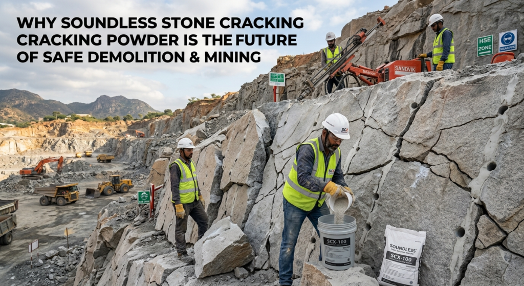 Soundless stone cracking powder SCX-100 being used by workers at a granite mining site for safe rock demolition