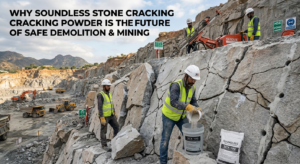 Why Soundless Stone Cracking Powder is the Future of Safe Demolition & Mining - Cannon Chemicals - Cannon Chemicals Soundless stone cracking powder SCX-100 being used by workers at a granite mining site for safe rock demolition