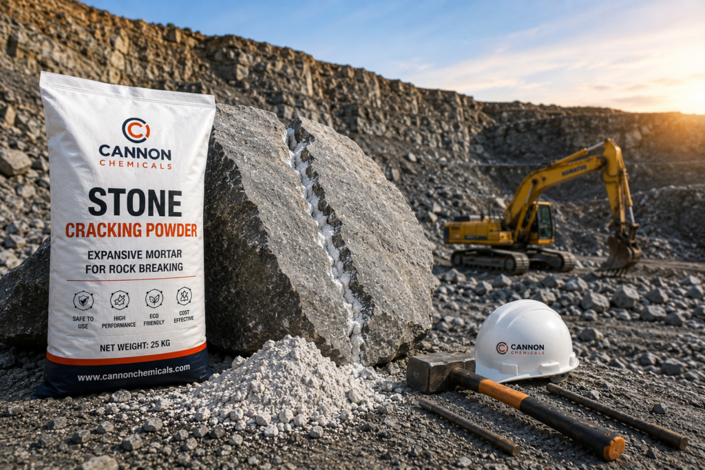 Best Stone Cracking Powder for Rock Breaking – Cannon Chemicals - Cannon Chemicals Best Stone Cracking Powder by Cannon Chemicals splitting granite rock at quarry site