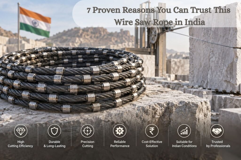 Coiled steel wire rope on a rocky construction site with the Indian flag in the background and a promotional headline about trusted wire saw rope in India.