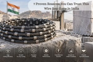 Wire Saw Rope in India – 7 Proven Reasons to Trust It - Cannon Chemicals - Cannon Chemicals Coiled steel wire rope on a rocky construction site with the Indian flag in the background and a promotional headline about trusted wire saw rope in India.