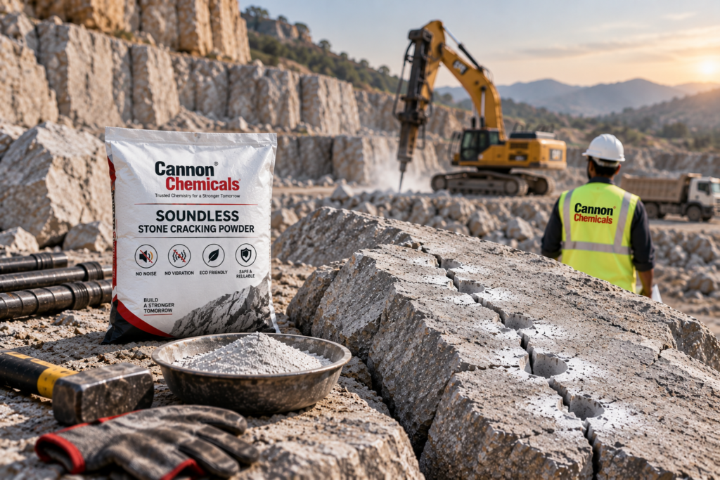 Cannon Chemicals Best Soundless Stone Cracking Powder in India bag at a quarry site with drilled stone blocks