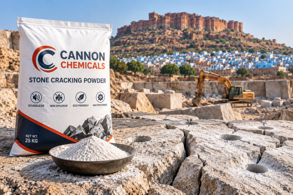 Best Stone Cracking Powder in Jodhpur by Cannon Chemicals, 25 kg bag at a quarry with Mehrangarh Fort view