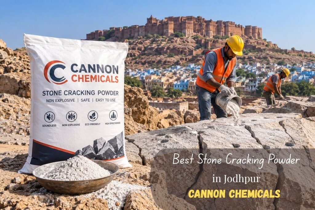 Construction site in Jodhpur with workers in orange vests pouring stone-cracking powder from a bucket beside a large Cannon Chemicals bag; Mehrangarh Fort on a hill in the background.