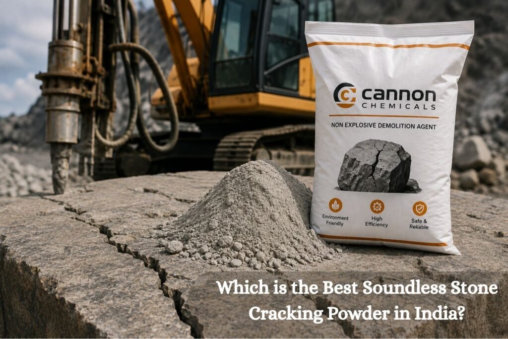 Cannon Chemicals Best Soundless Stone Cracking Powder in India bag beside cracked stone at quarry site