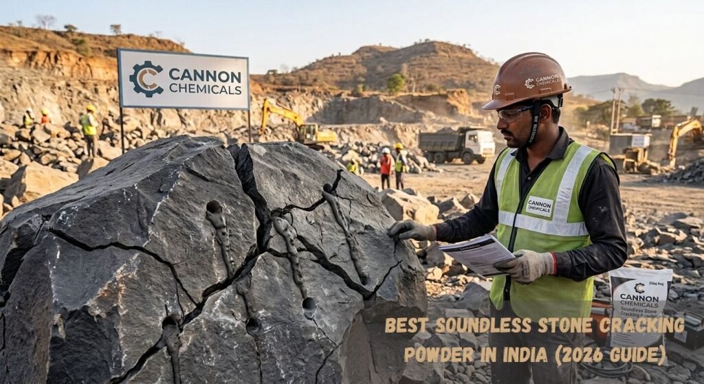 Cannon Chemicals worker inspecting a cracked rock with the best soundless stone cracking powder in India at a quarry site