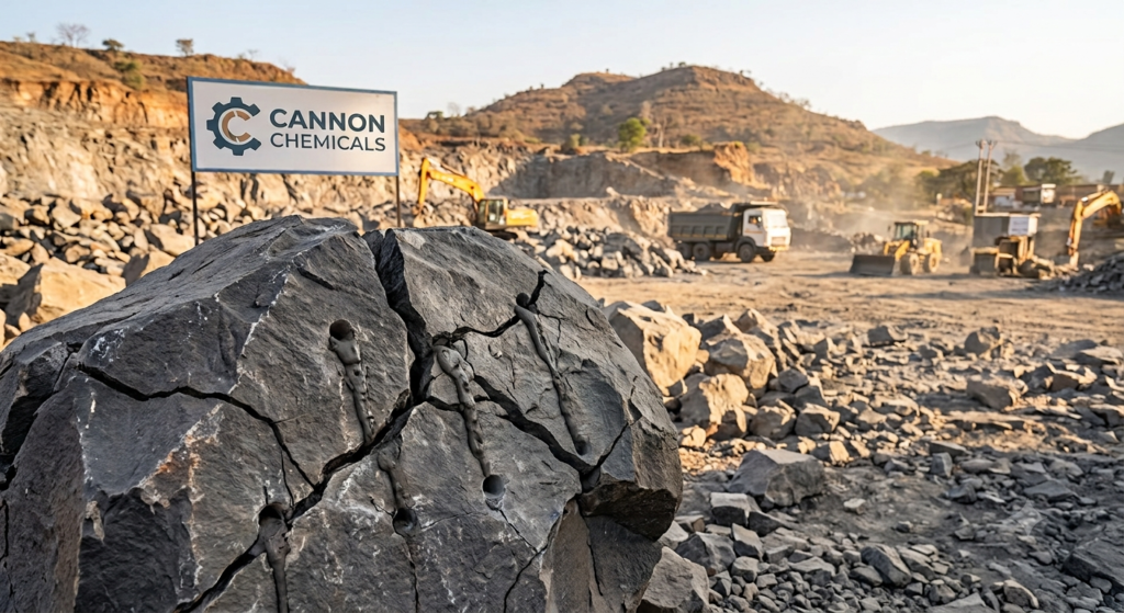 Best Soundless Stone Cracking Powder in India by Cannon Chemicals splitting a large rock at a quarry site